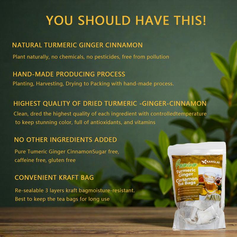 Premium Turmeric Ginger Cinnamon Tea 60/120 Bags 100% Natural Anti-Inflammatory Eco-Friendly No Sugar Caffeine Gluten Vegan Loose Leaf Tea antiinflamma tea, looseleaf tea Beverageanti in flama tea ginger caffeine free Vegan Premium Turmeric Ginger Cinnamon Tea 60/120 Bags 100% Natural Anti-Inflammatory Eco-Friendly No Sugar Caffeine Gluten Vegan Loose Leaf Tea antiinflamma tea, looseleaf tea Beverageanti in flama tea ginger caffeine free Vegan