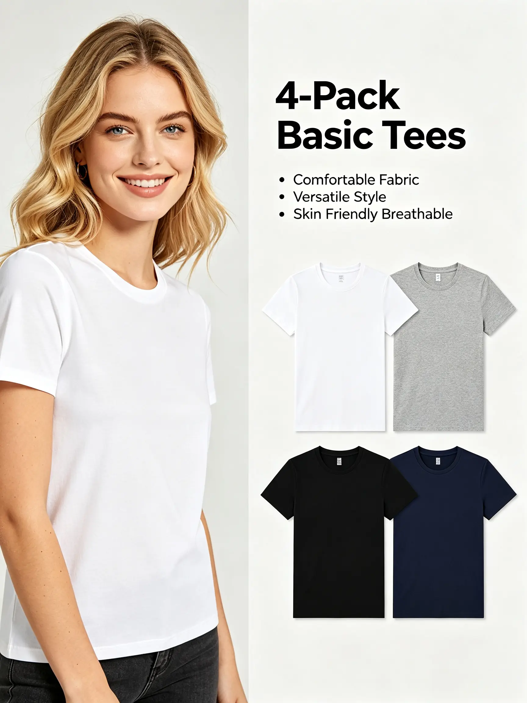 4-Pack Women Basic Crew Neck T-Shirts, Solid Color Regular Fit Short Sleeve Casual Tees, Multiple Color Optional Everyday Summer Basic Tops White Gray Black Navy