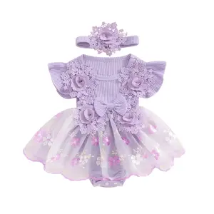 Newborn Baby Girl Summer Clothes Flower Lace Ruffle Sleeveless Tulle Tutu Romper Dresses with Headband 2Pcs Outfits