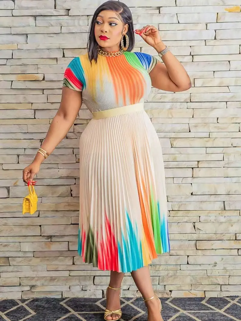Rainbow Pleated Midi Dress with Color Block Design and Short Sleeves for Women