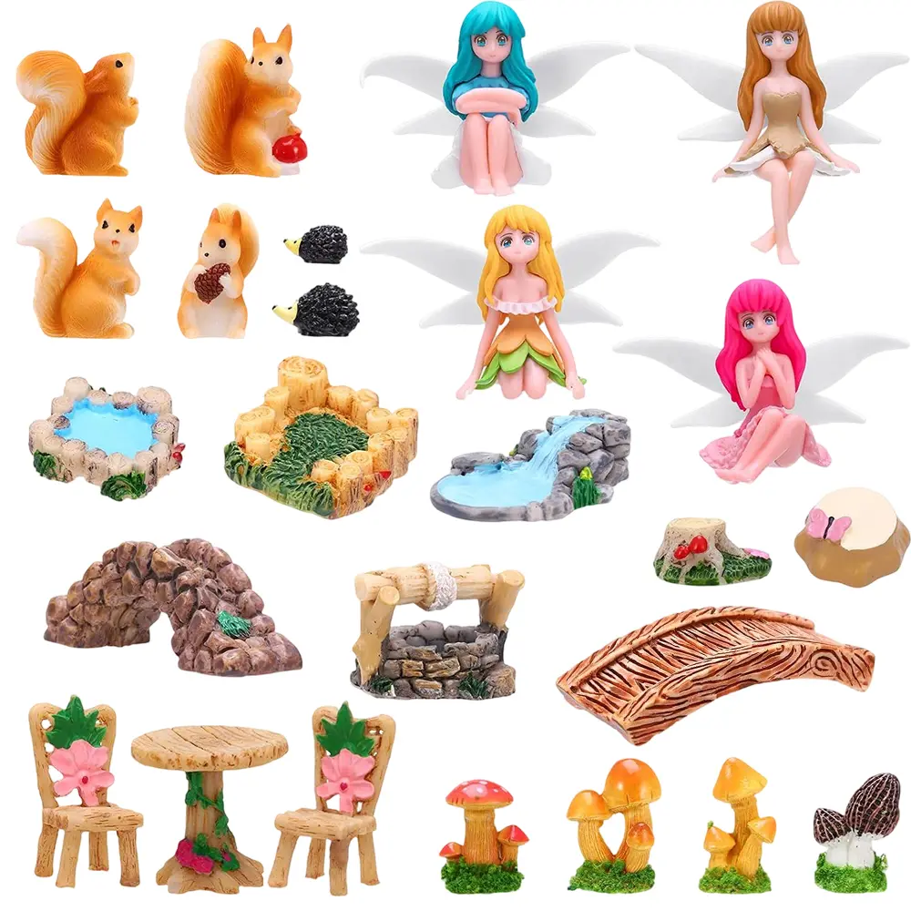 25Pcs Plastic Fairy Garden Miniatures Set, Decorative Mini Fairy Figures with Table, Chairs, Bridge, Mushroom, Lighthouse, Water Well & Pond, Outdoor DIY Garden Potted Desk Ornament for Home Improvement