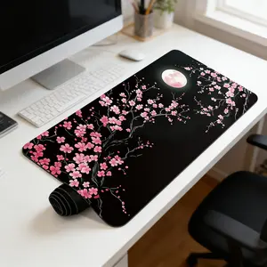 Extended Gaming Mouse Pad Keyboard Mat for PC Laptop Moonlight Design Pink Plum Blossoms Durable Non-Slip High Definition Print