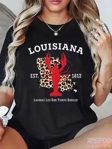 Unisex Louisiana Lobster & Cajun Swamp Graphic T-Shirt - Black with Red Retro Design, Lightweight Breathable 220gsm Heavyweight, Loose Fit Casual Tee for Men & Women, Louisiana State-Themed Summer Travel & Casual Attire, All-Season Comfort