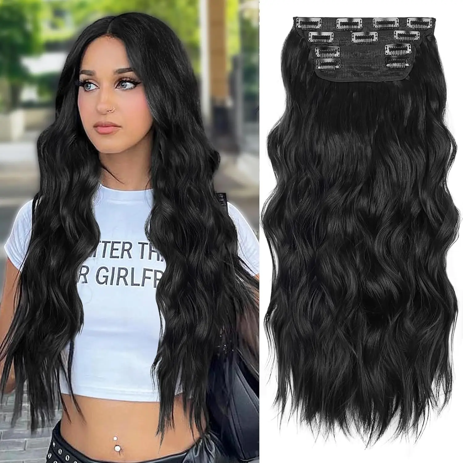 Vigorous Clip-in Long Wavy Synthetic Hair Extensions - Black, Thick Double Weft Synthetic Soft Hairpieces, Quick Hair Extension for Daily Wear Women, Extensions Hair, Snap Clips