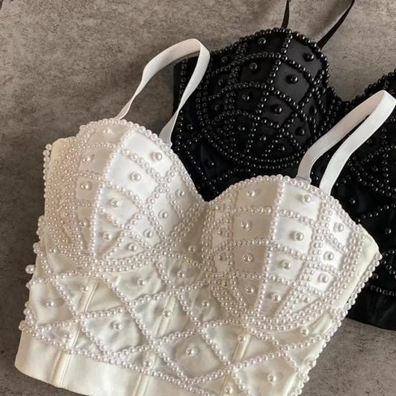 Full Beads Female Corset Top Women Camis Nightclub Pearls Short Chest Binder Sexy Camisole Mujer Lingerie Tube Bra DebardeurGift