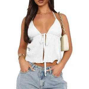 Women Y2k Front Tie Crop Tops Halter Neck Flowy Plisse Summer Going Out Top Sexy Split Sleeveless Cami Shirt Fashion Womenswear Casual