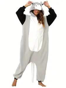 Cartoon opossum jumpsuit with pink tails and claws, thick animal jumpsuit for autumn and winter, warm pajamas with hats, Halloween costumes, funny jumpsuits for Christmas parties, cosplay cute plush onesies Sleep