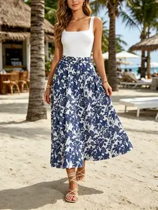 Women's Blue Floral High Waist Long Dress, Flowy A-Line Casual Womenswear Skirt, Breathable, Perfect for Vacation Beach Date Photo Vintage Style