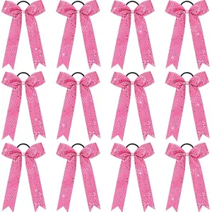 12 count Glitter Long Tail Cheer Bows for Cheerleader,  Shiny Cheer Hair Tail Ponytail Holder for Cheerleading Girls Softball  ()