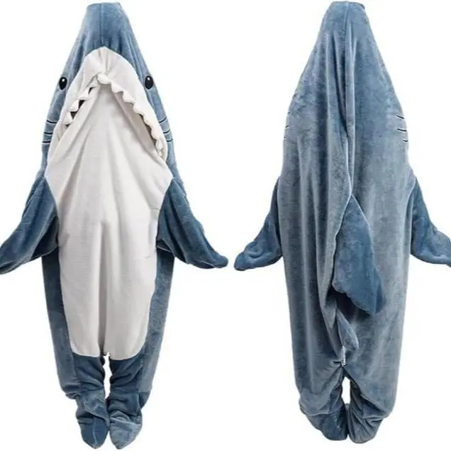Adult Shark Onesie Wearable Shark Blanket Hoodie Soft Flannel Sleeping Bag Cozy Animal One Piece Pajamas Unisex Homewear Fleece Sleepwear Oversized Shark Costume Blanket Lounge Gown for Men Women Nightwear