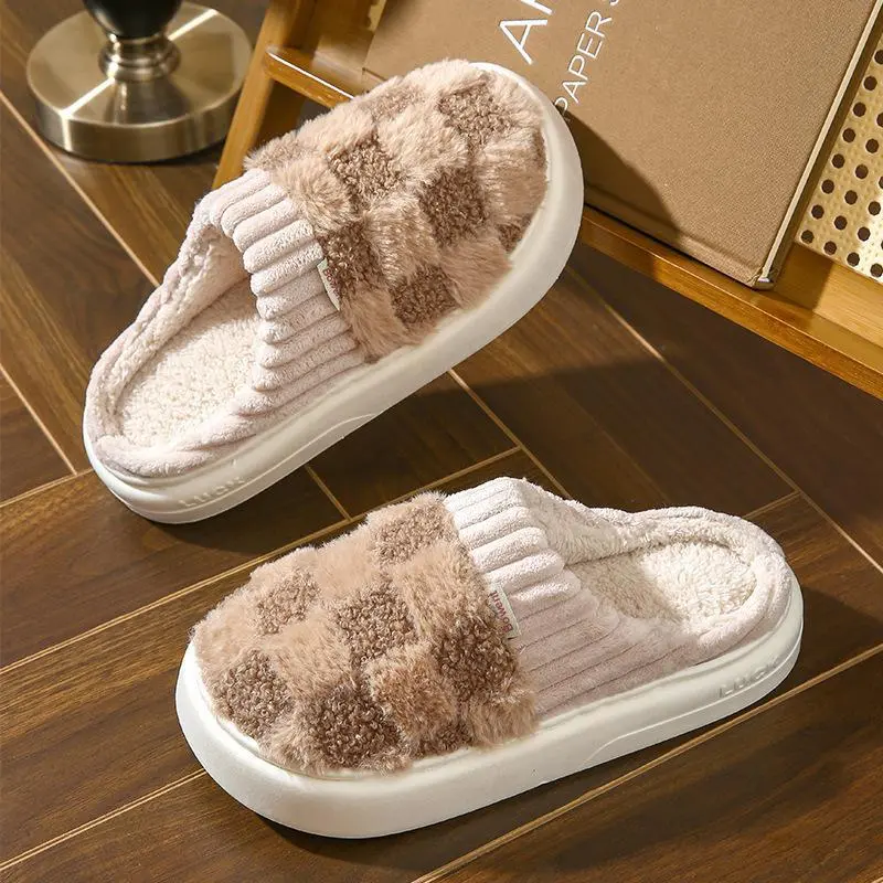 Cute Checkerboard House Slippers, Soft Plush Indoor Shoes for Men Women, Cozy Fuzzy Slip On Home Slippers