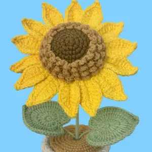 Handmade Crochet Sunflower Gift Present with Vibrant Yellow Petals and Green Leaves Perfect for Any Occasion