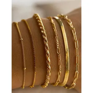 6pcs Gold Bracelets for Women Waterproof, Stainless Steel Bracelets, Jewelry Sets Trendy Thin Dainty Stackable Cuban Link Paperclip Chain Bracelet Pack Fashion Accessories Gifts for Womens