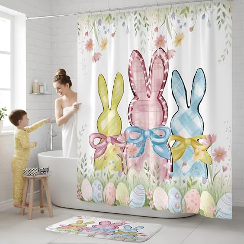 4/8Pcs Easter Bunny Bathroom Decor Set including 70x70in Waterproof Bunny Flower Shower Curtain with Hooks & Non Slip Bath Mat & U shaped Rug & Toilet Lid Cover for Spring Bathroom Makeover Home Supplies