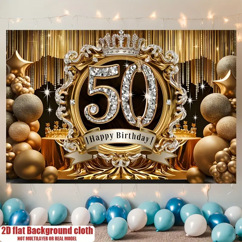 Luxury 50th Birthday Polyester Decorative Banner - Black & Gold with Letters, Figure, Plants, Slogan Prints, Festive Backdrop, Home Wall Decor, Anniversary Gift for Birthday Parties