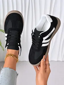 Women's Fashion Lace Up Contrast German Trainers Low Top Casual Walking Shoes, Striped Decorative Sneakers Breathable Comfort Sports Sneakers All Match Daily Wear