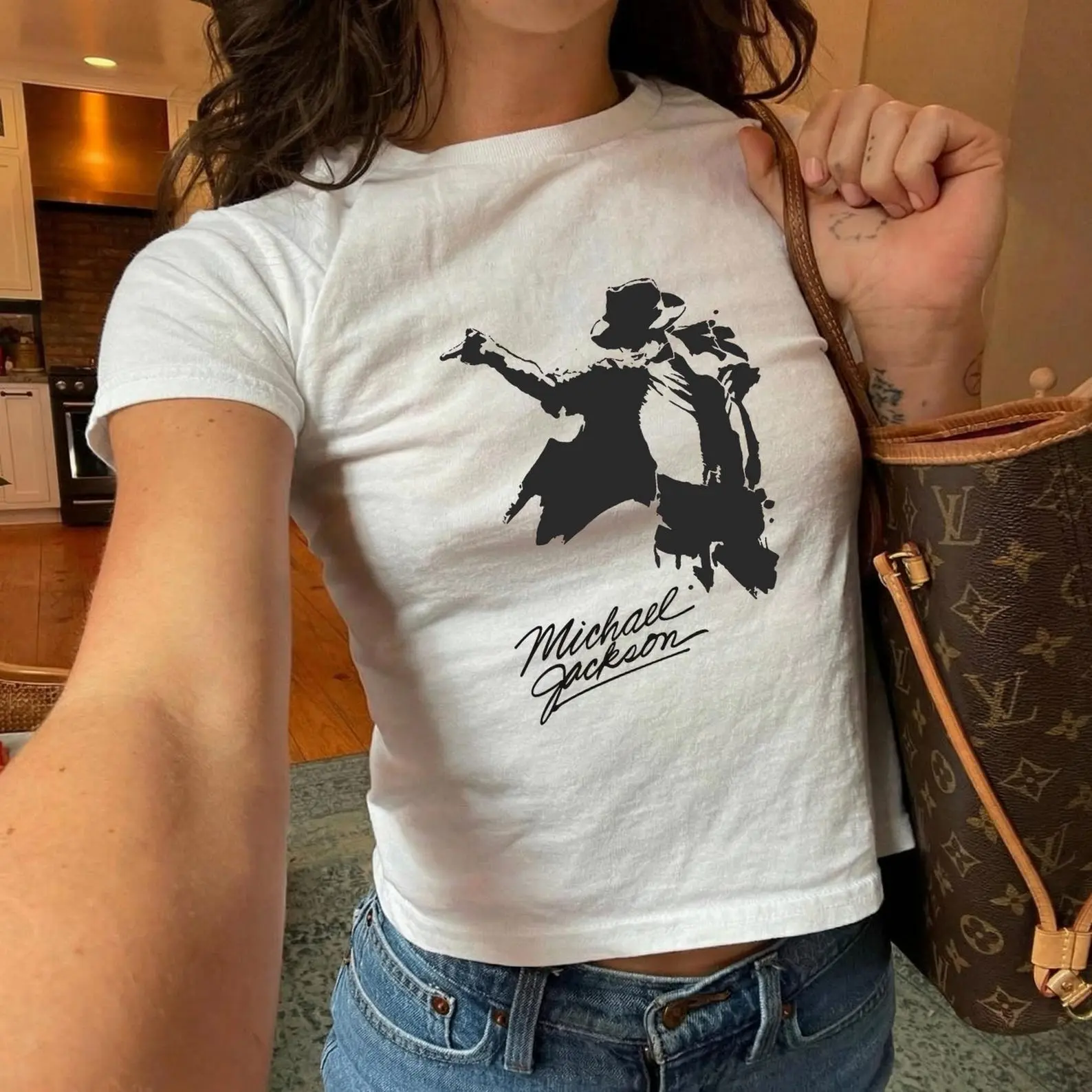 Michael Jackson King of Pop Baby Tee, Retro Music Legend Graphic Shirt, Aesthetic Y2K Female Fitted Tee, Vintage Signature Pop Star Top
