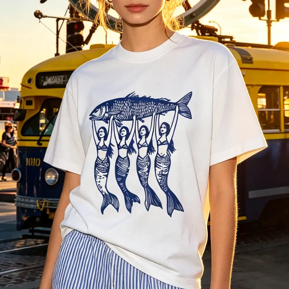 Womens Cotton Short Sleeve Graphic Tee Vintage Coastal Mermaid Fish Print Soft Crewneck Summer Beach Vacation Casual Everyday Streetwear Top