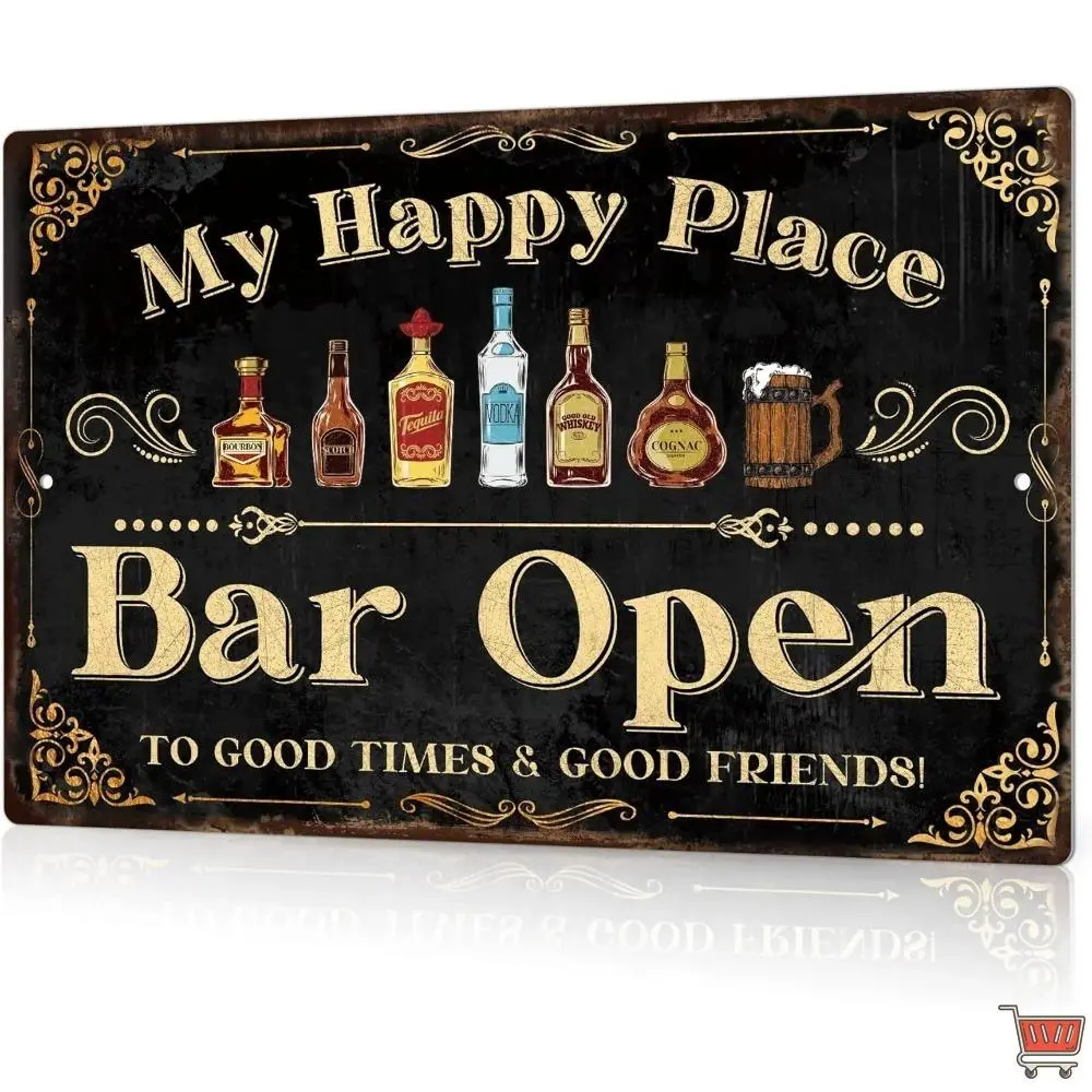 Bar Sign for Home Bar, Drink Vintage Metal Tin Sign, My Happy Place Bar Open, Bar Wall Art Decor for Home Bar Pub Club Garage Man Cave 8 X 12 Inches, Weatherproof, Wall Sign Bar Signage Decorative Sign