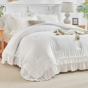 White Ruffle Comforter Set Full/Queen Size, 3 Pieces Vintage Farmhouse Comforters, Color Lightweight Soft Bedding Sets for All Season (1 Ruffled Comforter + 2 Pillow Shams)