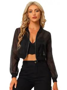 INSPIRE CHIC Bomber Jacket Long Sleeve Crop Mesh Sheer Jackets