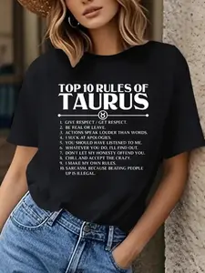 Women'S Casual T-Shirt with Top 10 Rules of Taurus Graphic Print, Round Neck, Short Sleeve, Regular Length, Springsummer Collection, Casual Wear Playful Graphic Tee Smooth Texture