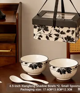 A420. Ceramic Bowl & Chopstick Set – Black Maple Leaf, Customizable Logo, Gift