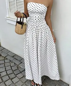 2026 New Spring/Autumn Women’s Polka Dot Bandeau Long Dress – Elegant Resort Style, Figure-Flattering, Layered Cake Design