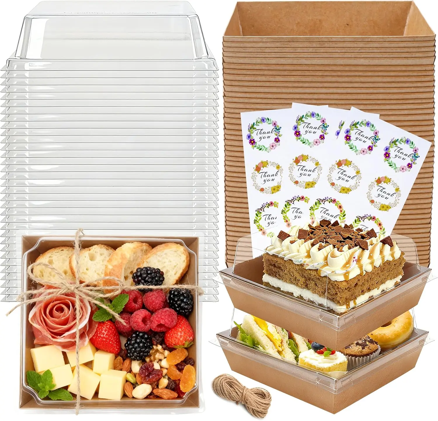 50 Pack Small Charcuterie Boxes with Clear Lids, Brown Paper Boxes,  ndividual Food Boxes with Rope and Stickers for Desserts, Cake Slices, Snacks and Bakery Orders