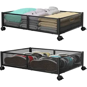 Bed Storage with wheels, Under the Bed Storage Containers,Upgrade Crossed Iron Wire, Metal Rolling Underbed Storage Containers for Bedroom Clothes Shoes Blankets-2 Pack,Black