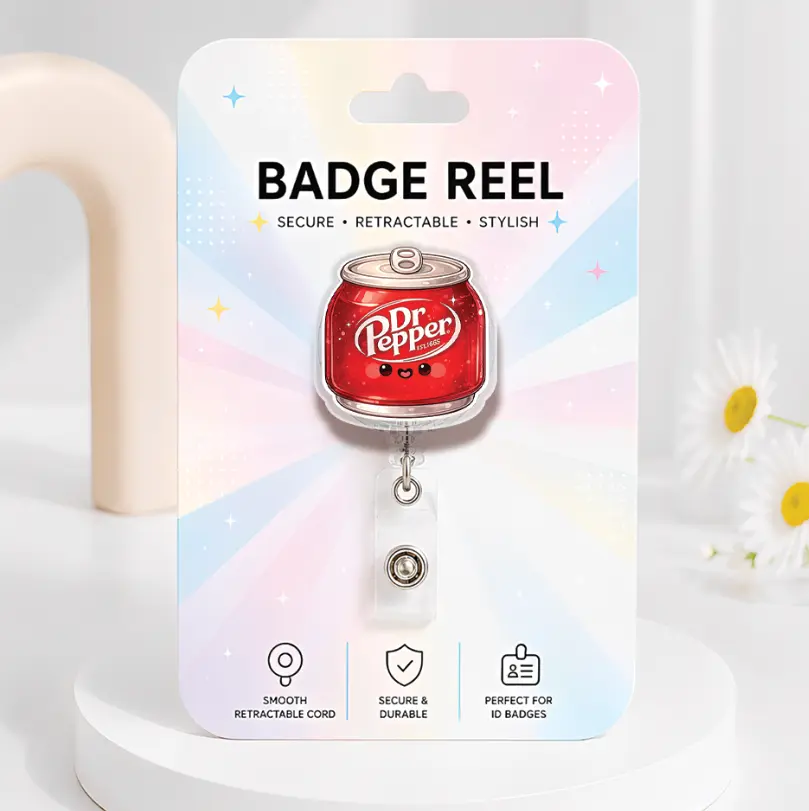 Sparkly Red Drink Badge Reel, Cute Dr.PP Soda Badge Holder, Nurse Accessory, Retractable ID Holder
