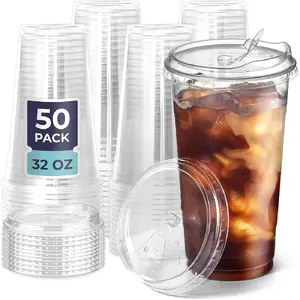 50 Pack 32 oz Clear Plastic Cups with Strawless Sip Lids, Disposable Plastic Coffee Cups with Lids, To Go Cups for Iced Coffee, Smoothies, Soda, Party Drinks, Bubble Tea, Cold Beverage