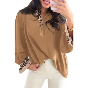 Camel Leopard Contrast V Neck Long Sleeve Blouse