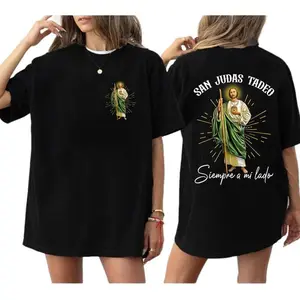 SanJudas Tadeo Siempre A Mi Lado Spanish Jesus Shirt Unisex 2 Sides T-Shirt Cotton Fabric Black Round Neck Casual Top lll01