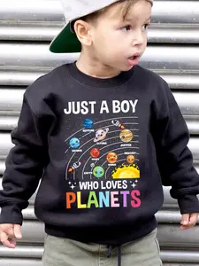 Boys' Cotton Long-Sleeve Hoodie - Spring & Autumn Round-Neck Loose Leisure Pullover with "JUST A BOY WHO LOVES PLANETS" Letter Print & Solar System Planet Design