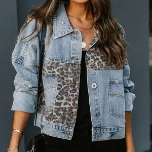 Women's Leopard Print Denim Jacket Edgy Button Down with Patchwork Design Distressed Long Sleeve Jean Jacket for Streetwear Suitable for daily wear