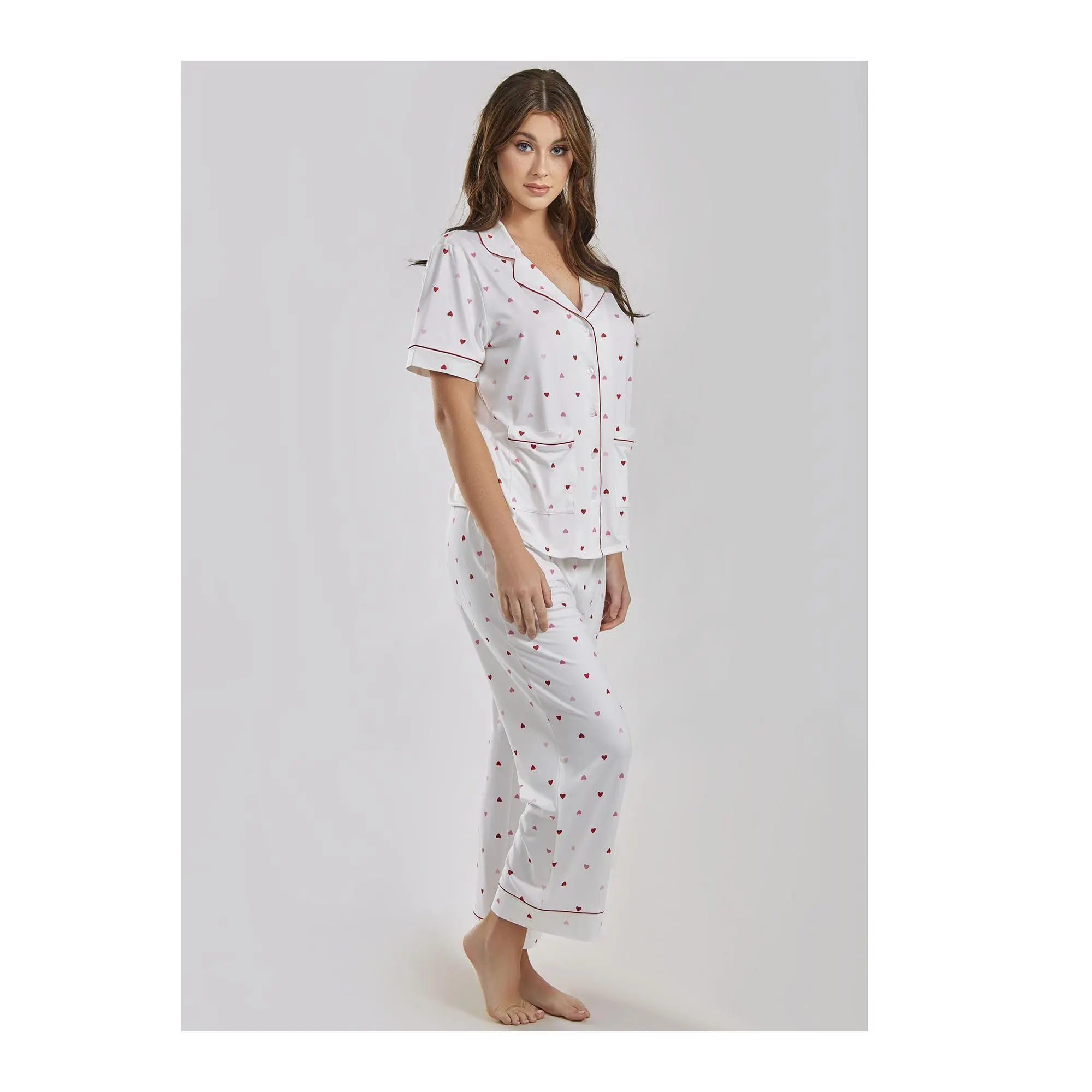 iCollection Modal Red Hearts Button-Up PajamaLounge Set