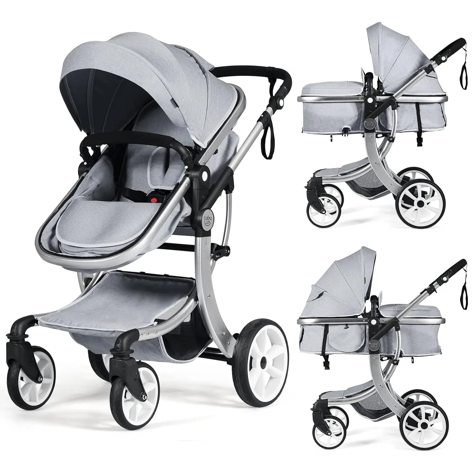 2-in-1 High Landscape Baby Stroller, Reversible Bassinet Reclining Stroller, Foldable Push Chair w/Adjustable Canopy, Storage Bag, Foot Cover, Rain Cover & Net, Aluminum Alloy Frame (Gray)