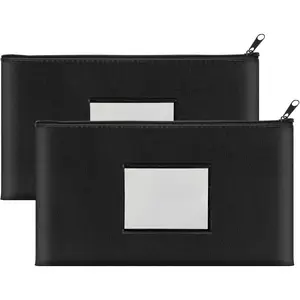 2 Pack 11 x 6.1 Inch PU Leather Zipper Money Bags with Label, Cash Deposit Bank Pouch Holder for Coins Invoice Bills Cosmetics Tools Black