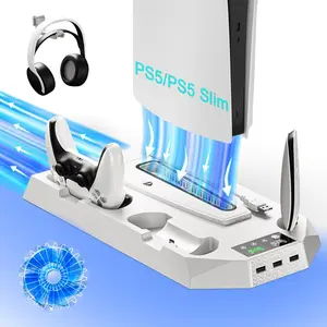 PS5/PS5 Slim Charging Base Cooling Bracket for Dual Controller Vertical Stand with Mini Fan & Dual Charging Slots for Gaming Accessories