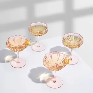 The Wine Savant /  Khen Glassware - Pink Flower Coupe Cocktail Colored Glasses |, 7.7 OZ