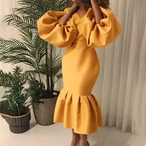 African Female Fashion Robes Vestidos Formal Womenswear Check Light Elegant Minimalist Summer Autumn Clothes Women Party Dress V Neck Long Puff Sleeves Bodycon Sexy Event Occasion