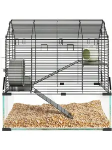 Large Hamster Cage, 3-Tier Gerbil Cages With Running Wheel, Water Bottle, Food Bowl, Ramps, Portable Hamster House With 7" Deep Glass Bottom For Syri An, Dwarf Hamster, Gerbils Optimal Airflow Captivating Visibility