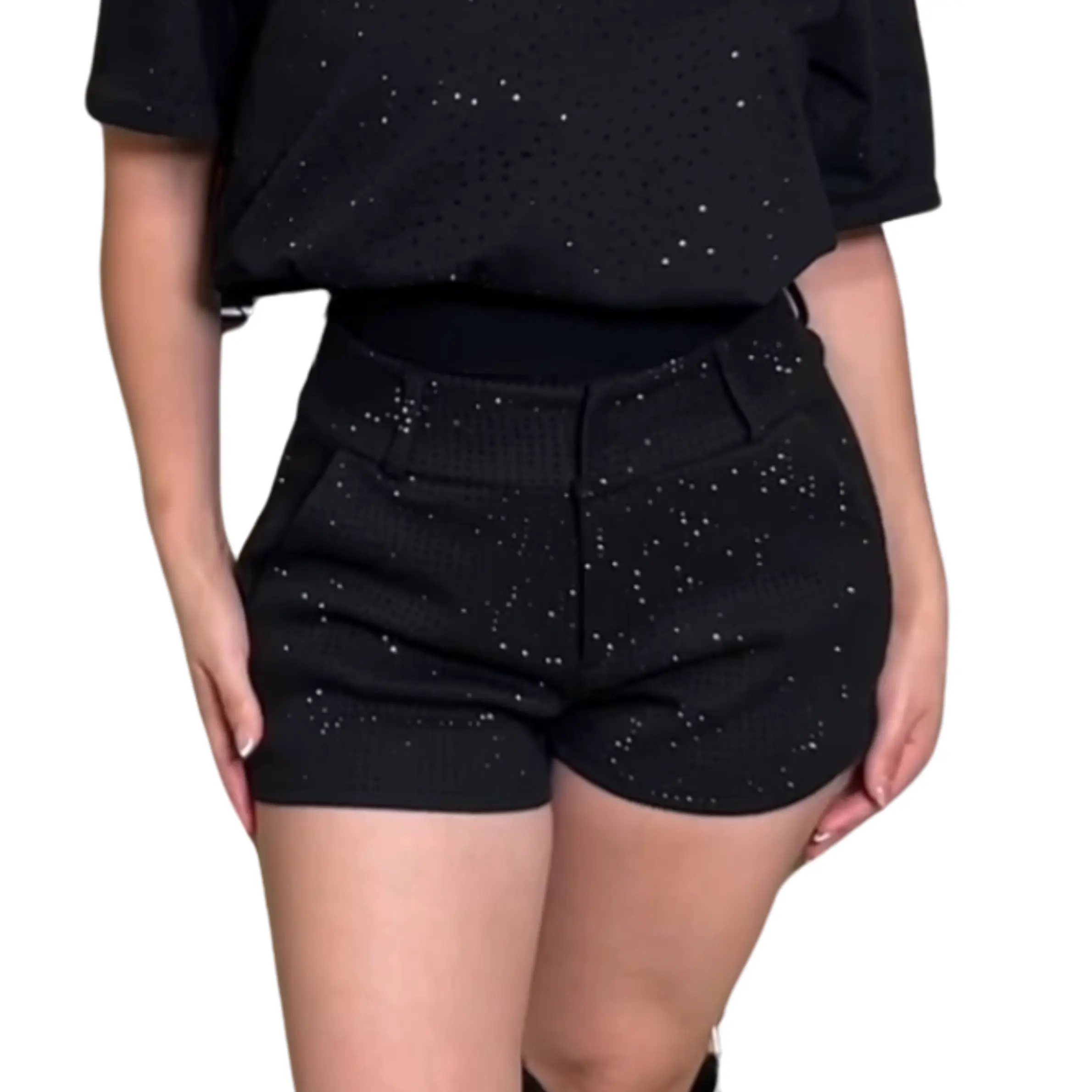 Belinda Collection Dressy Rhinestone Shorts for Women - Dark Color, Comfortable Fit, Versatile Style - Bottom, Womenswear Party Pleated