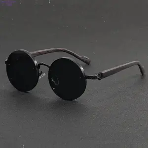 Retro Round Unisex Sunglasses, Metal Full-Rim Frame with Faux Wood Grain Temples, Vintage Lightweight Durable Polarized Lens Eyewear, Casual Stylish for Daily Wear & Street Fashion