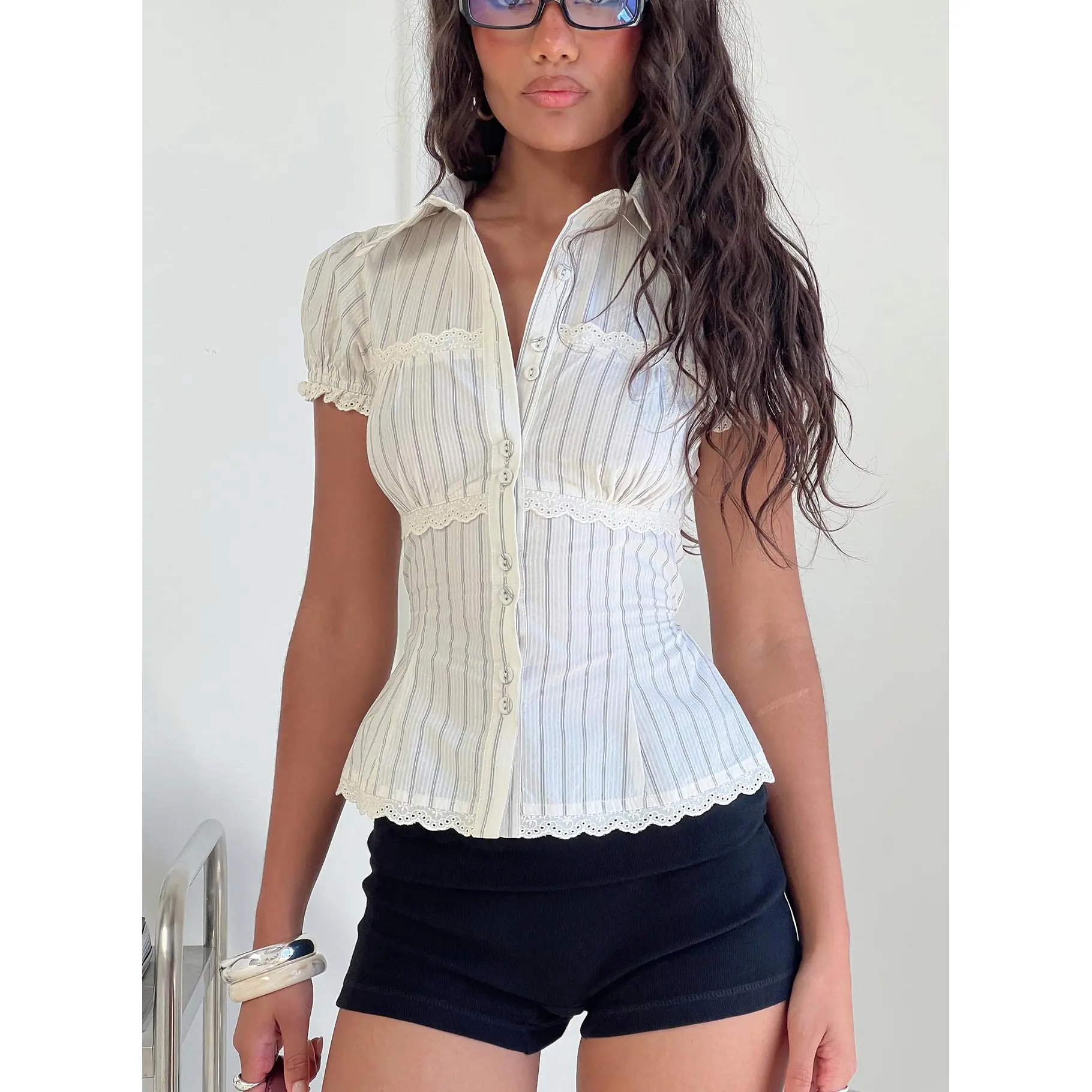 Deserve You Puff Sleeve Button Front Top Cream Stripe Petite