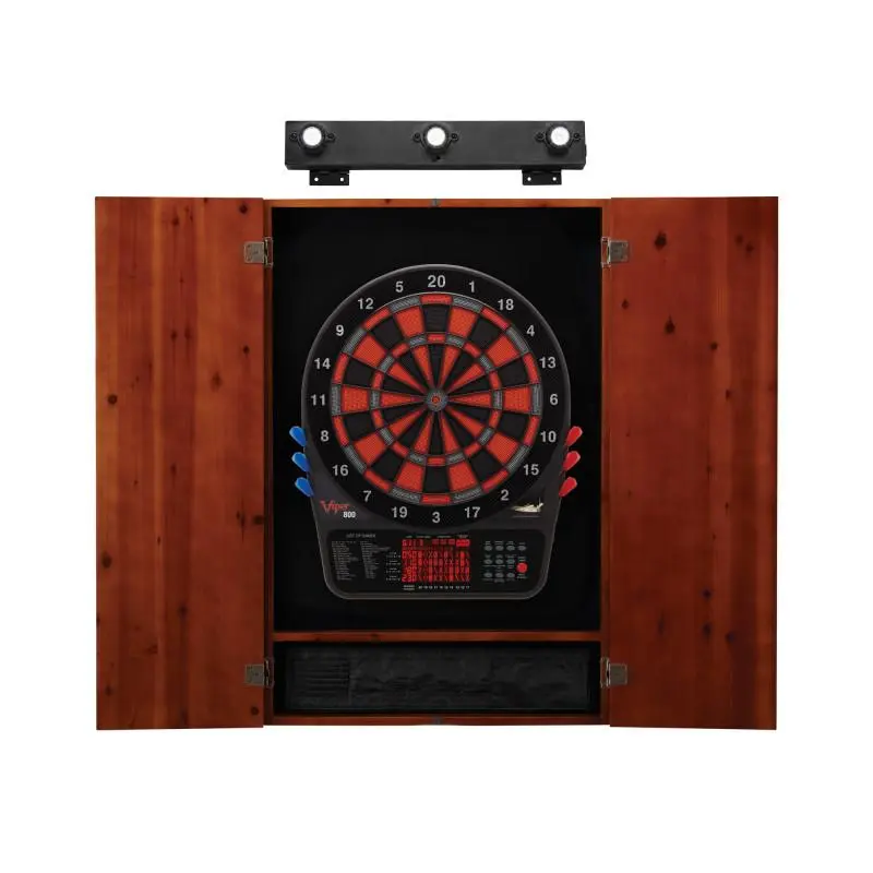 Electronic Darts Board Bundle with Metropolitan Cinnamon Pine Cabinet, 16-Player LCD Scoreboard, Storage & Shadow Buster Light