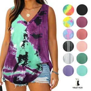 Summer Plus Size Tank Tops for Women V-Neck Tie Dye Basic Sleeveless Loose Fit Tees Chic Stretchable Breathable Solid Print Striped XL-6XL KPS5031 summervibes tshirt