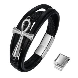 OIDEA Men's Egyptian Ankh Cross Leather Cuff Bracelet, Vintage Multi-Layer Handwoven Religious Punk Wristband, Hand-Made Necklaces Gift Option