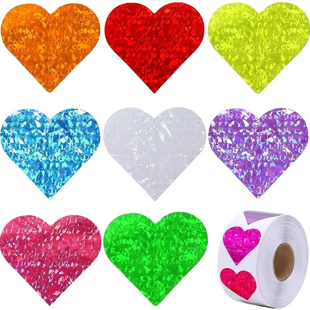 Heart Shaped Sticker,1 Roll Decoration Sticker Colorful Shiny Self Adhesive Label Decorative Sticker, Adhesive Stickers, DIY Decals for Gift Bags Greeting Cards Gift Wrapping, Aesthetic Stickers